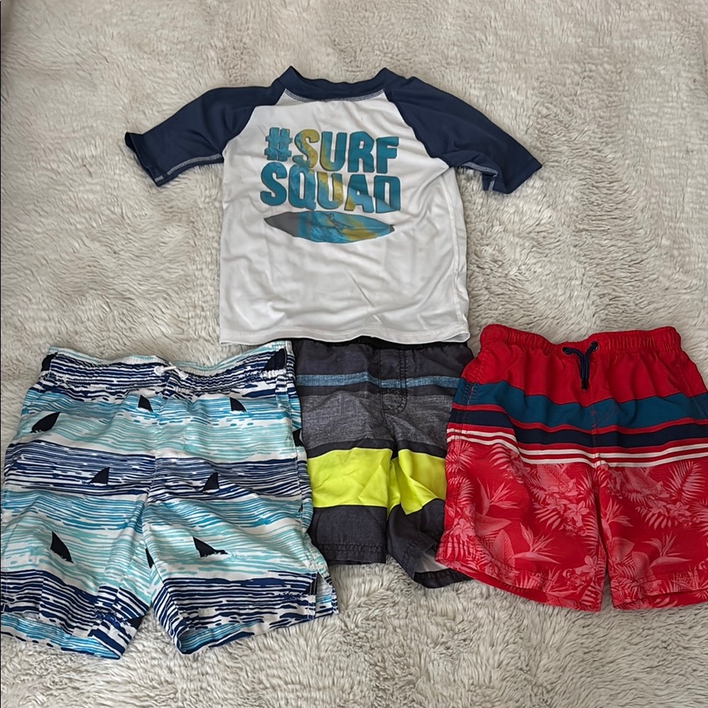3 pairs of boys bathing suits size 5/6 + bonus rash guard shirt size 5/6
